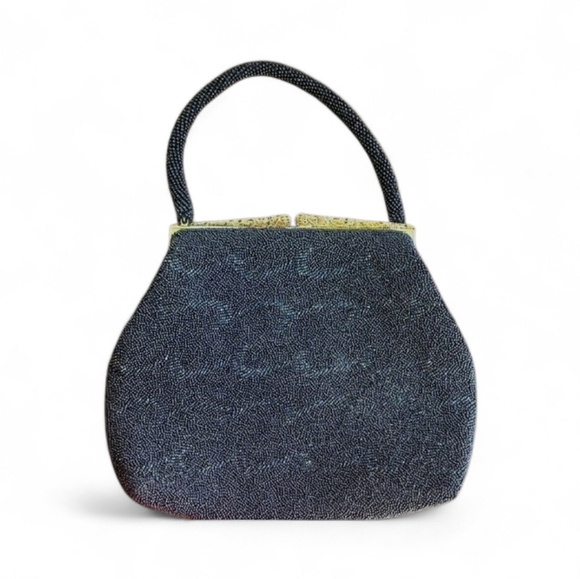 Hong Kong Handbags - Vintage Black Beaded Handbag With Gold Metal Clasp 40s/50s Glamour Cocktail